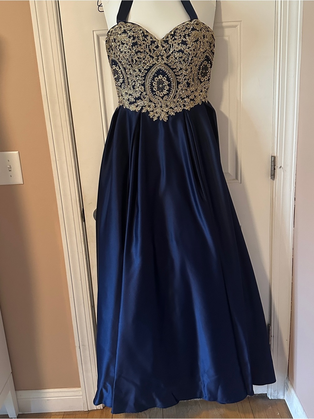 Betsy & Adam Navy Blue Satin Prom Gown with Gold Embroidered Bodice